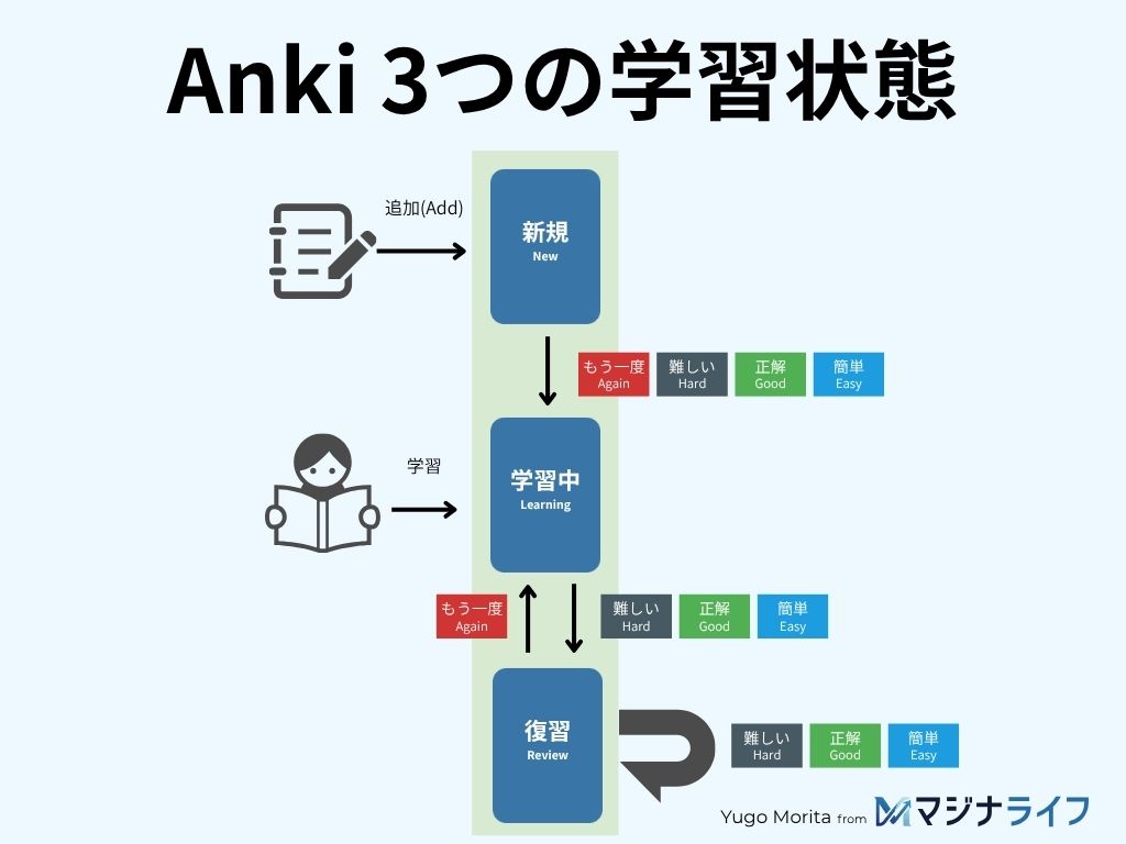 画像：Ankiの3つの学習状態「新規」「学習中」「復習」