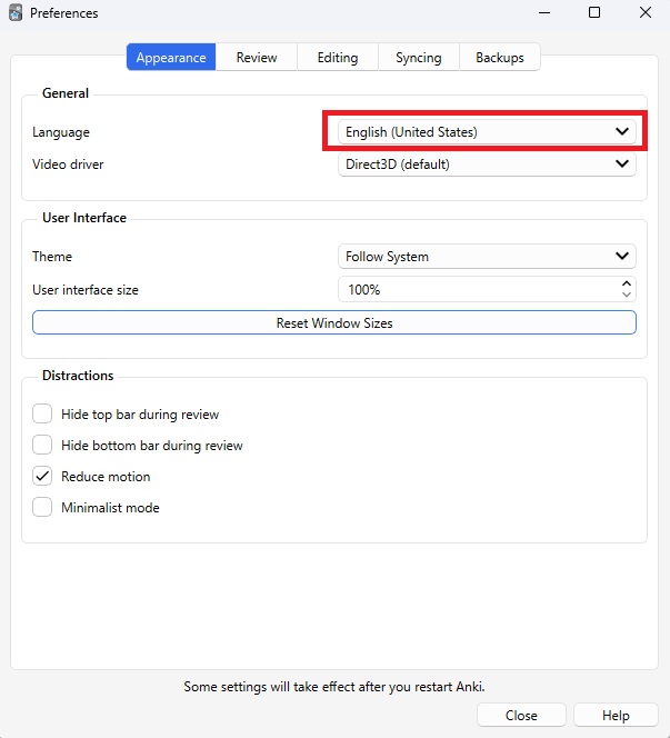 画像:Ankiの日本語設定を行う設定個所2